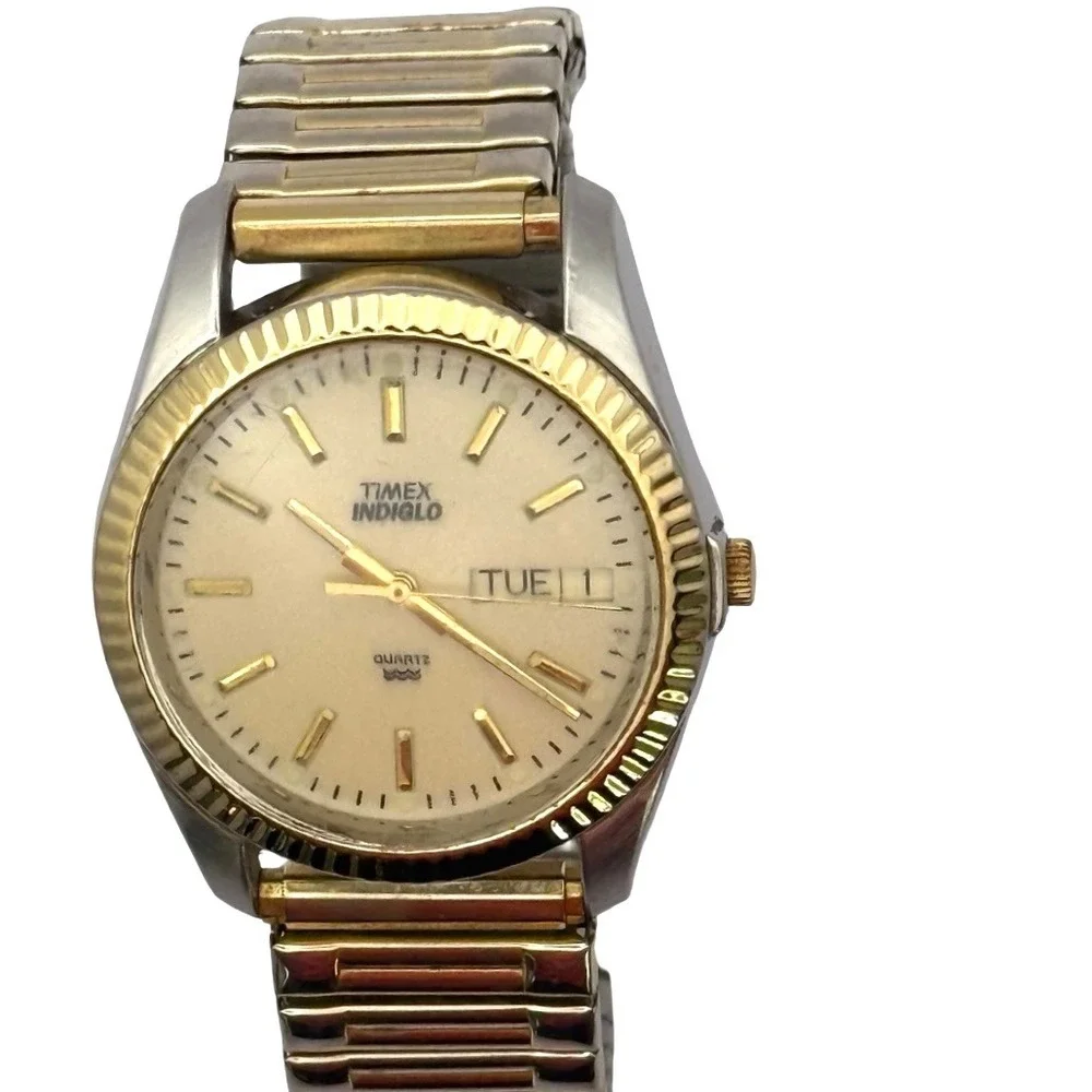 Timex Indiglo Day Date Quartz Watch Two Tone Fluted Bezel Stretch Band‎ Working